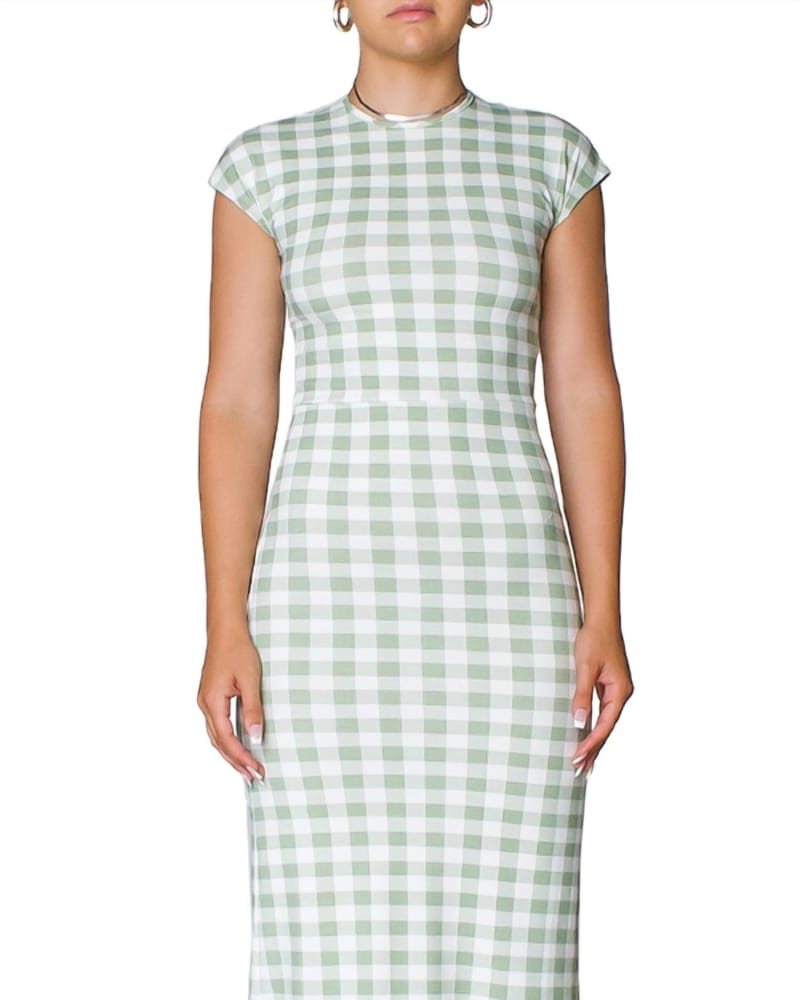Front of a model wearing a size L Ferrera Dress in Sage Gingham in Sage Gingham by CIAO LUCIA. | dia_product_style_image_id:345604